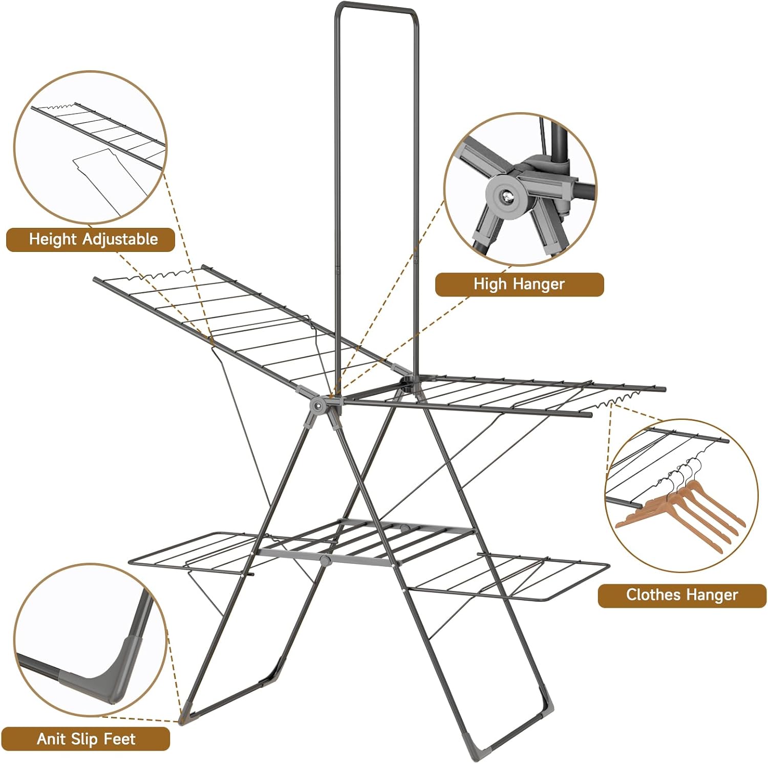 Bigzzia Clothes Drying Rack Foldable, 68.9Inch High Hanger Laundry Drying Rack with 4 Height-Adjustable Wings, Lightweight and Space Saving Clothes Airer for Apartments, Dorms, Camping - NestledHome
