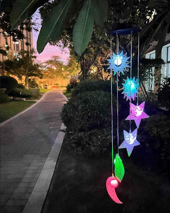 Tryme Solar Wind Chimes with Sun Moon Star Color Changing Windchimes, Outdoor Hanging Lights, Garden Decor Gifts for Mom, Grandma, Wife, Neighbors
