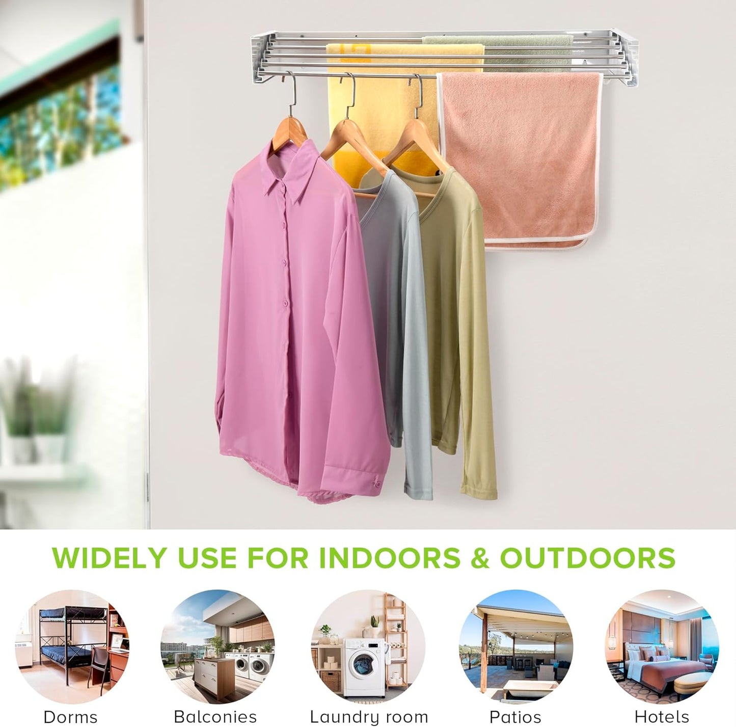 Wall Mounted Laundry Drying Rack, Retractable Clothes Drying Rack for Bathroom with Wall Template, 5 Stainless Rods Heaving 60 lb Capacity (White, 31.5") - NestledHome