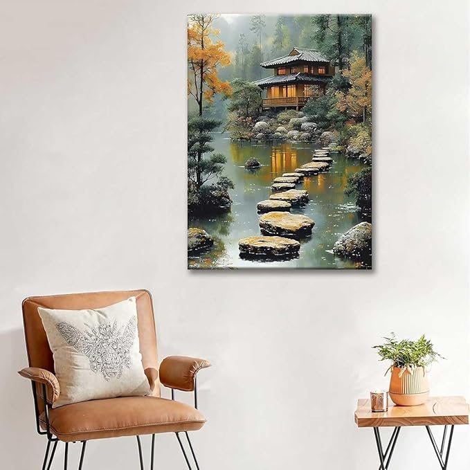 Paint by Numbers Kit for Adults Framed, Japanese Tea House with Stepping Stones, DIY Oil Painting, Pre-Printed Canvas Wall Art Home Decor Gift, 16x20inch Framed, 24 Colors