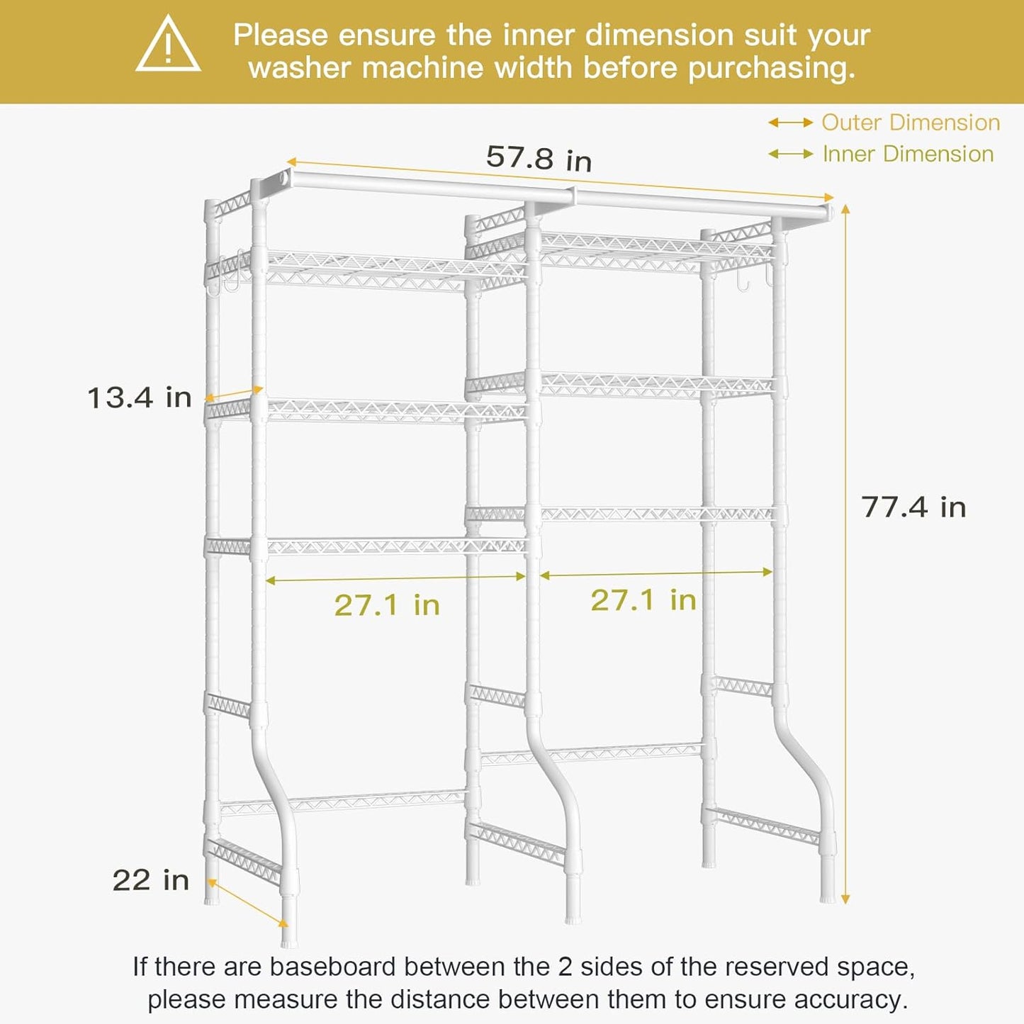 Ulif U13 Medium Over Washer and Dryer Storage Shelves, 6 Tiers Laundry Room Standing Shelf with 2 Hanger Rods, Space Saver Clothes Drying Rack, 57.8" W x 22" D x 77.4" H, White - NestledHome