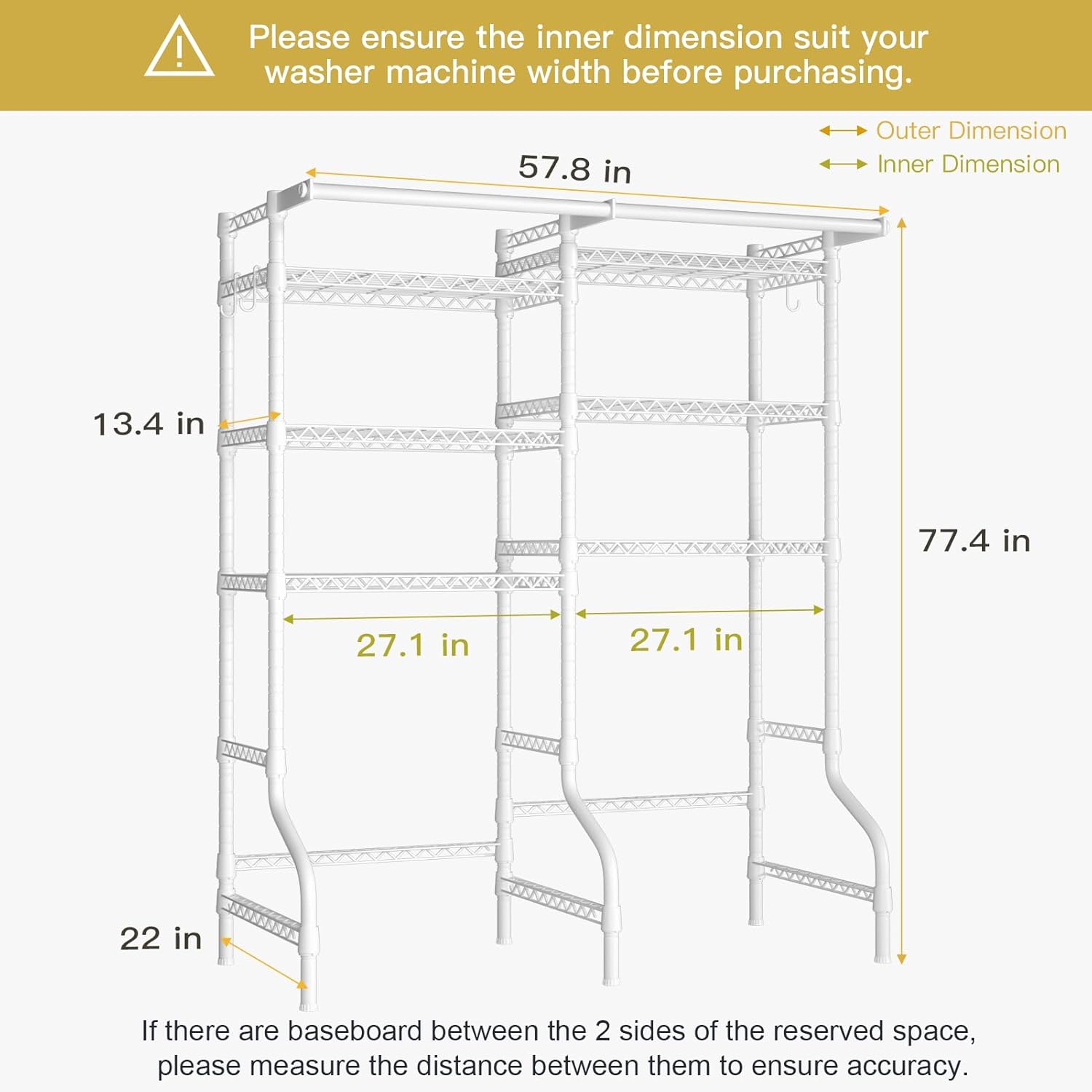 Ulif U13 Medium Over Washer and Dryer Storage Shelves, 6 Tiers Laundry Room Standing Shelf with 2 Hanger Rods, Space Saver Clothes Drying Rack, 57.8" W x 22" D x 77.4" H, White - NestledHome