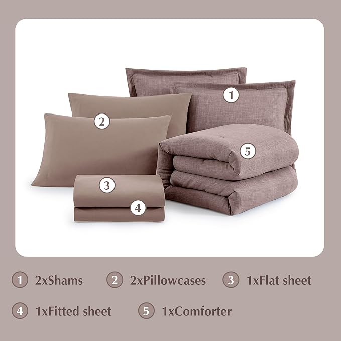 Geniospin Full Comforter Set - 7 Pieces Comforter Full Size, Solid Bedding Sets for All Season, Textured Bed in a Bag with Sheets, Pillowcases and Shams (Misty Rose, 80''x90'')