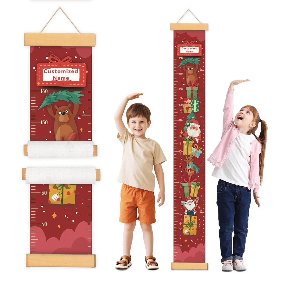 Personalized Name Growth Chart Wall Decor for Kids – Canvas Removable Height Chart Measuring Ruler 59" x 7.9" （Santa Claus Gifts） - NestledHome