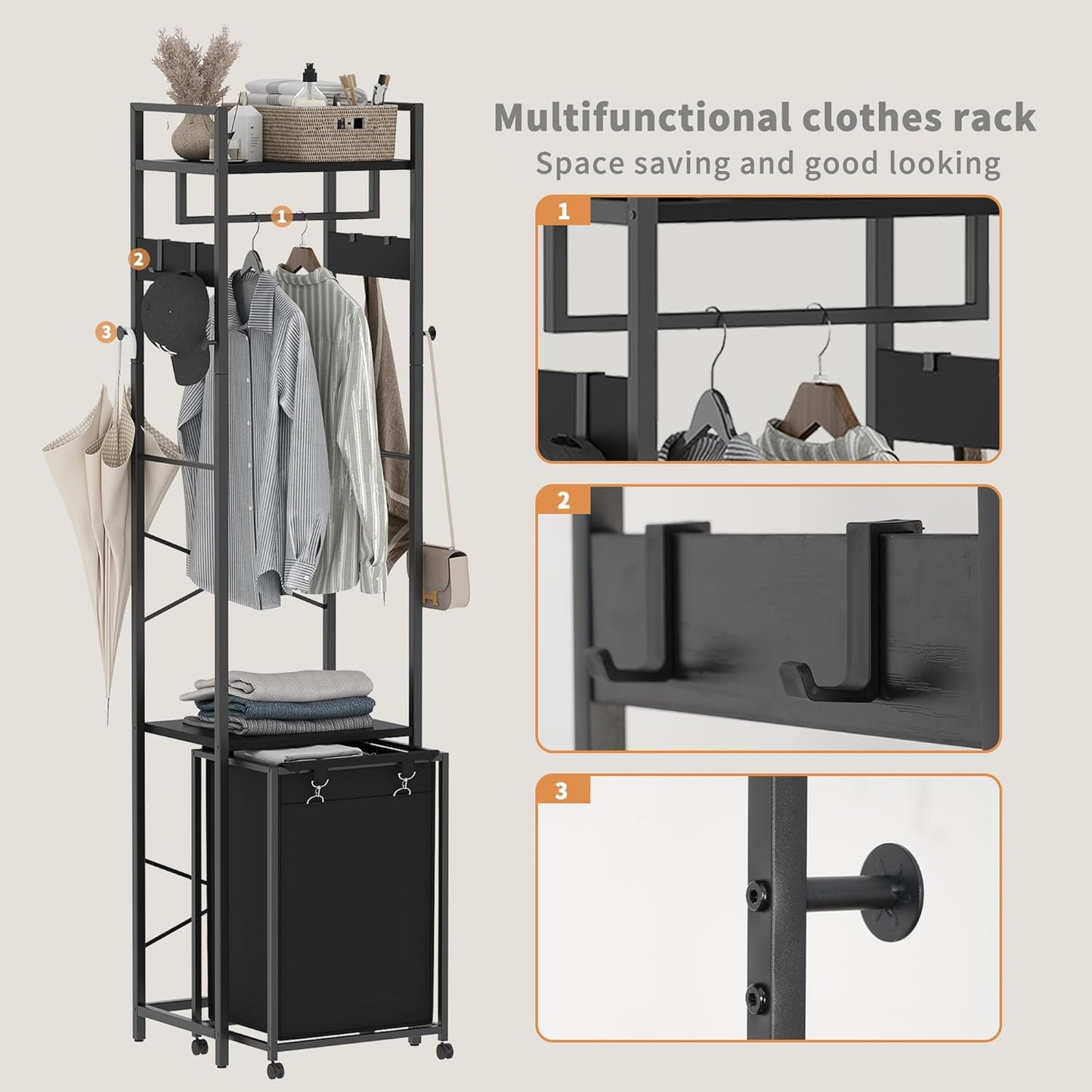Coat Rack with Laundry Basket, Laundry Hamper Freestanding Hall Tree, Clothes Rack with Storage Shelves, 14.5 Gal Removable Bags on Wheels, Black JLH005B - NestledHome