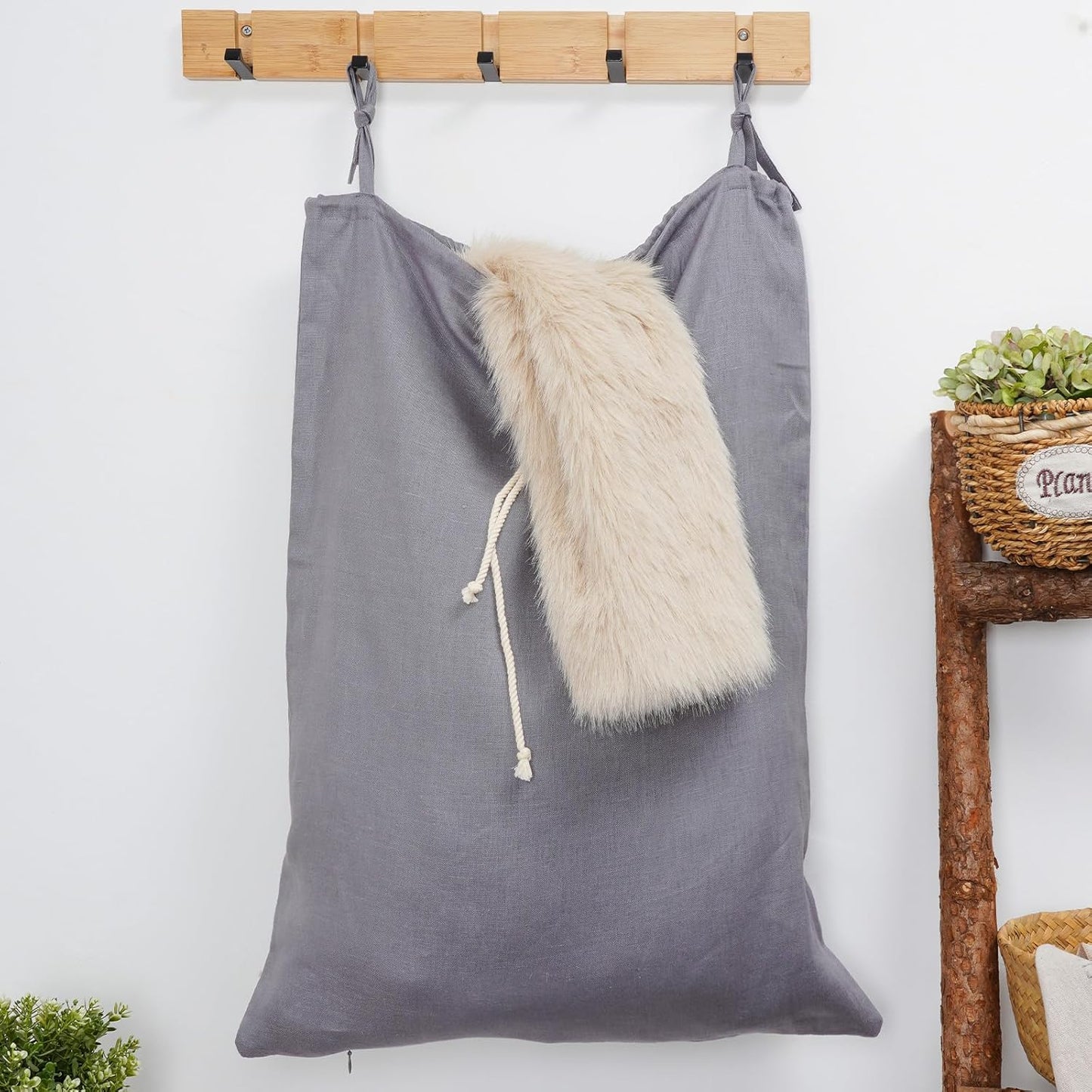 Linen Hanging Laundry Bag, Over The Door Laundry Hamper for Dirty Clothes, Drawstring Closure with Bottom Zipper, Gray - NestledHome