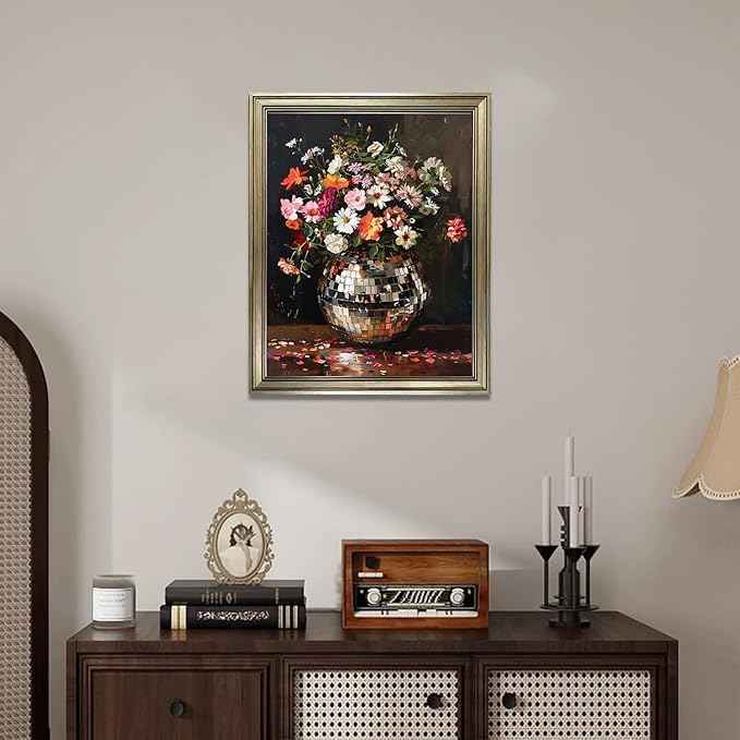 Vintage Framed Disco Ball Wall Art Retro Eclectic Wall Decor Colorful Moody Florals Painting Maximalist Wall Art Funky Flowers Bouquet Print Artwork