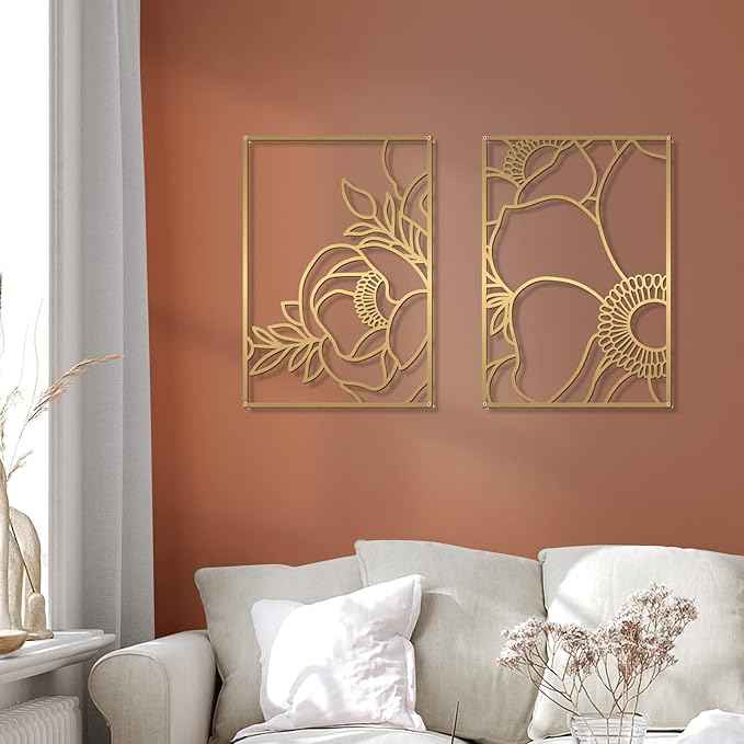 Glamativity 4 Pack Gold Wall Art, Flower Minimalist Single Line Art, Real Metal Nature Floral Abstract Wall Decor for Kitchen Bedroom Living Room