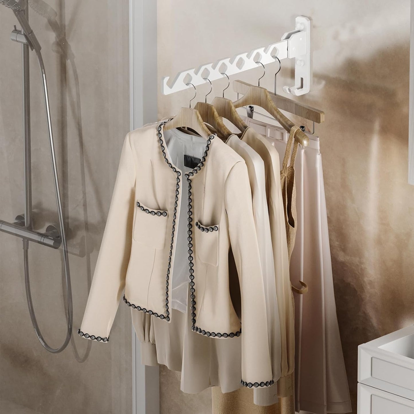 Dr.DJ Wall Mount Coat Hanger Holder White Clothes Drying Organizer Rack Garment Hooks Aluminium Retractable Folding Indoor Wall Mounted Hanger for Laundry Room Bedroom White 2Pack with 80cm Rod - NestledHome