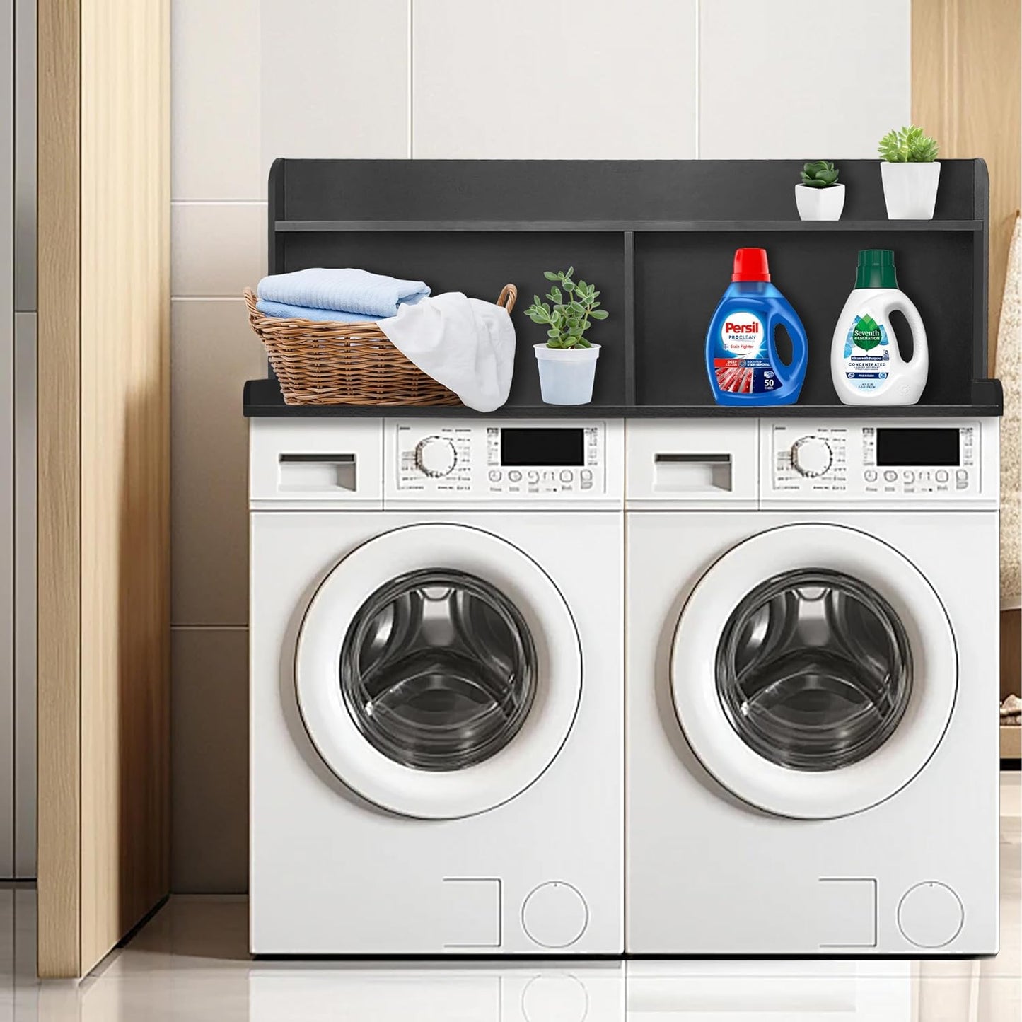 Royxen 2-Tier Washer Dryer Countertop,19.5"H Wood Washer and Dryer Topper with Storage Shelf,Laundry Countertop Over Washer Machine, Universal Fit for Laundry Room Organization (Black, 54"W X 27.5"D) - NestledHome