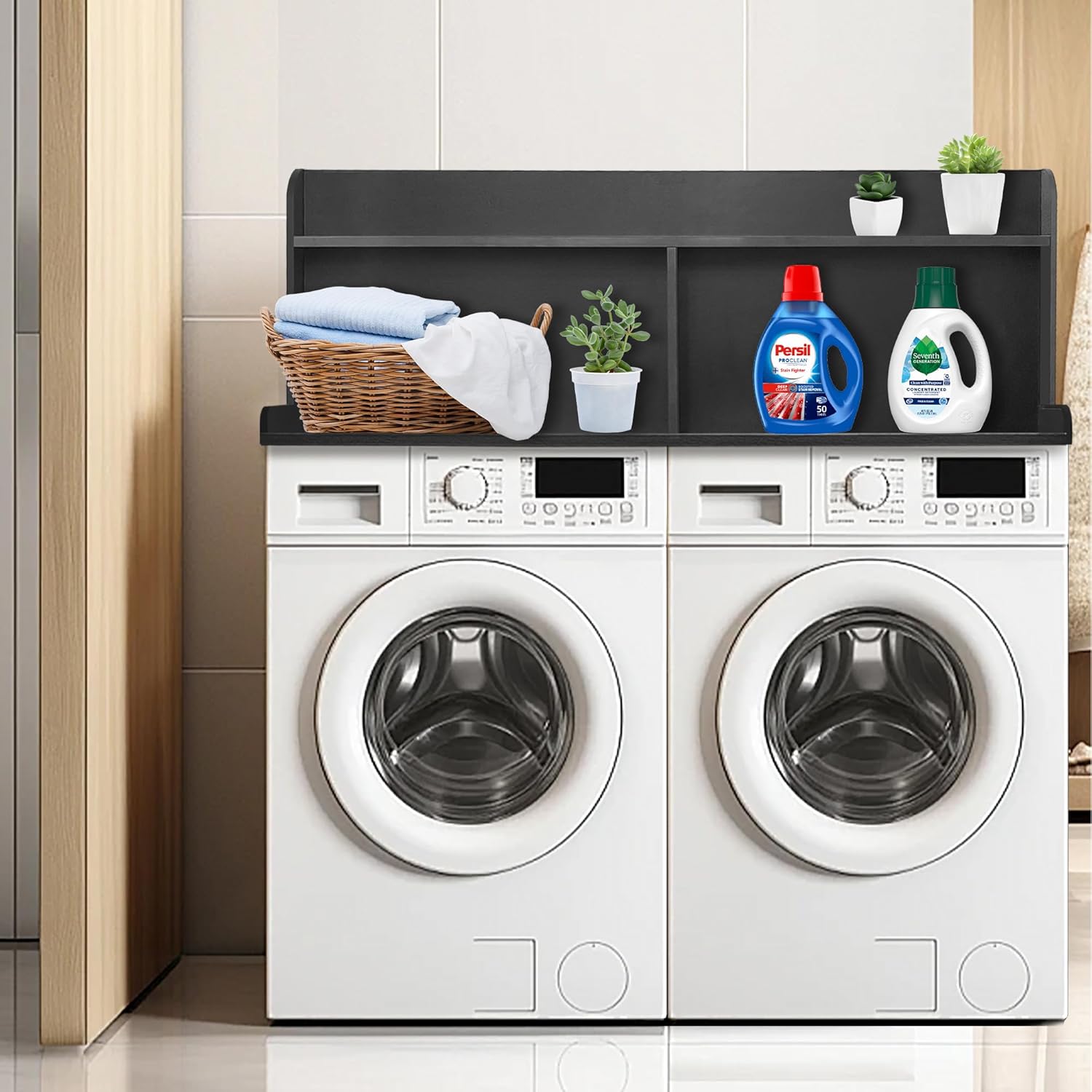 Royxen 2-Tier Washer Dryer Countertop,19.5"H Wood Washer and Dryer Topper with Storage Shelf,Laundry Countertop Over Washer Machine, Universal Fit for Laundry Room Organization (Black, 54"W X 27.5"D) - NestledHome