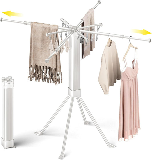 BIREN Clothes Drying Rack Foldable Extending Laundry Rack with 16 Clips Collapsible Clothing Rack Space-Saving Clothing Racks for Hanging Clothes, Indoor, Camping, Balcony, Outdoor - NestledHome