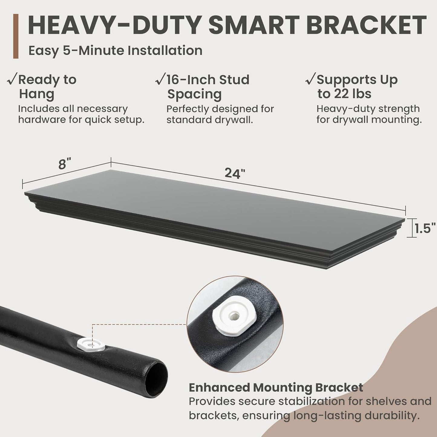 Floating Shelves for Wall, 24 Inch Long Wall Mounted Black Hanging Shelf for Kitchen, Living Room, Office, Bedroom, Bathroom, Retro Vintage Wood Bookshelf for House Decor - NestledHome