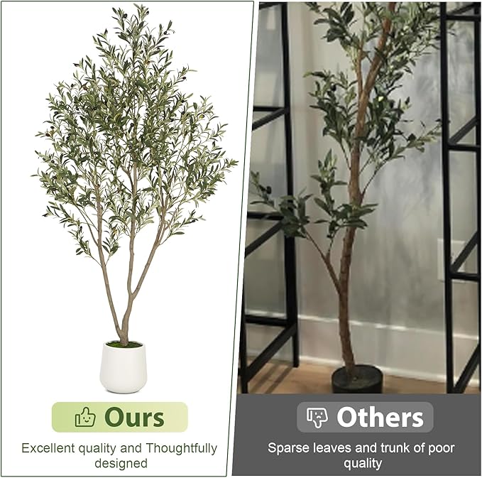 Olive Trees Artificial Indoor, 6FT Tall Faux Olive Tree with White Tall Planter, Artificial Plants with Natural Wood Trunk and Lifelike Fruits for Home Office Decor