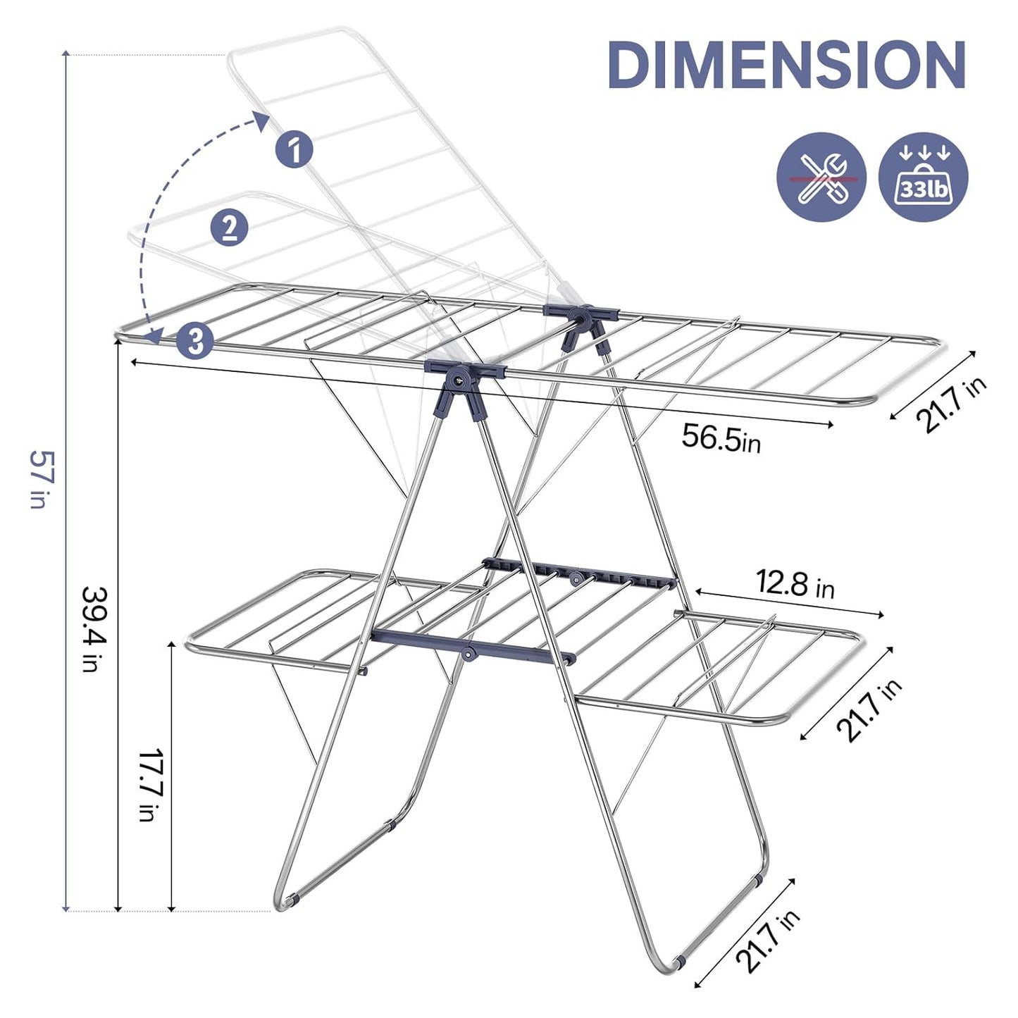 APEXCHASER Clothes Drying Rack with 4 Wings, Drying Rack Clothing with Height-Adjustable, Foldable Gullwings Laundry Drying Rack, Indoor Outdoor Use, No Assembly, Blue - NestledHome