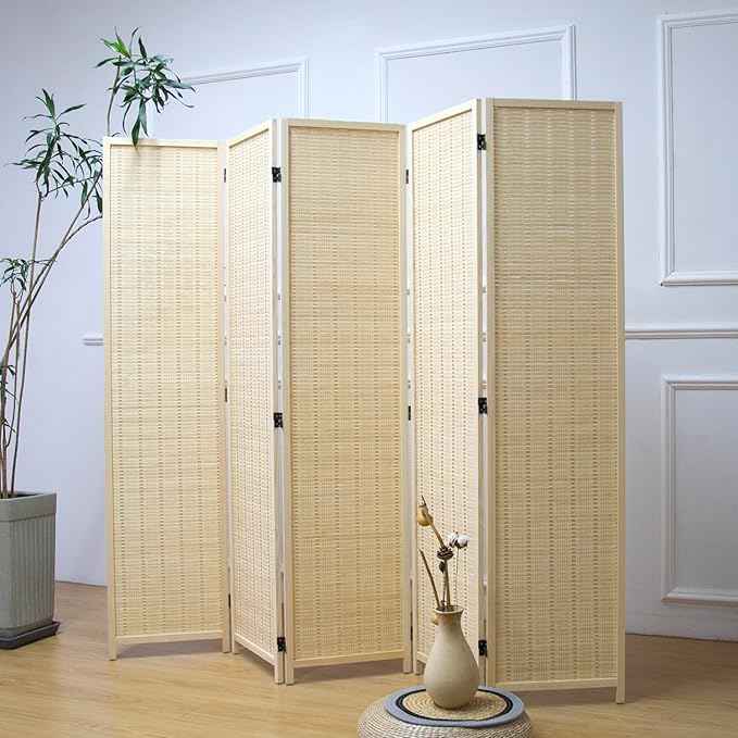 5 Panel Bamboo Room Divider – 5.6 ft Tall Folding Privacy Screen, Natural Beige Freestanding Room Partition Wall for Home Office (67" x 76.75", 5-Panel)