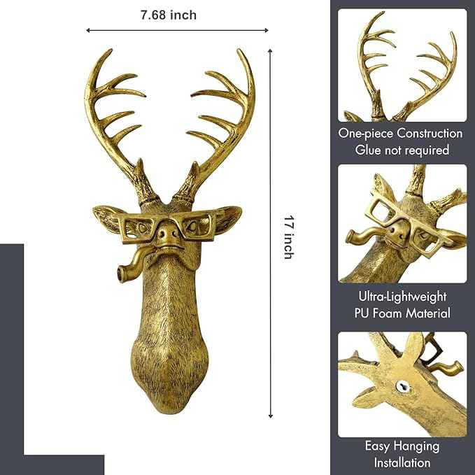 montresor Deer Head Wall Mount 17 inchs Gold Deer Decor PU Foam Material (NOT RESIN) Wall Decor Art for Whimsigoth Home Wall Decor Lightweight Accent Wall Hanging Room Decor Maximalist Decor
