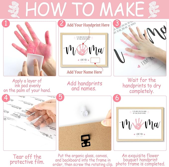 QOUBAI Mother's Day Handprint Art Craft DIY Kit Mother's Day Gifts from Daughter or Son Children Adults Handprint Keepsake with Wood Frame for Mom Grandma Birthday Holiday Activities 12x16 Inch
