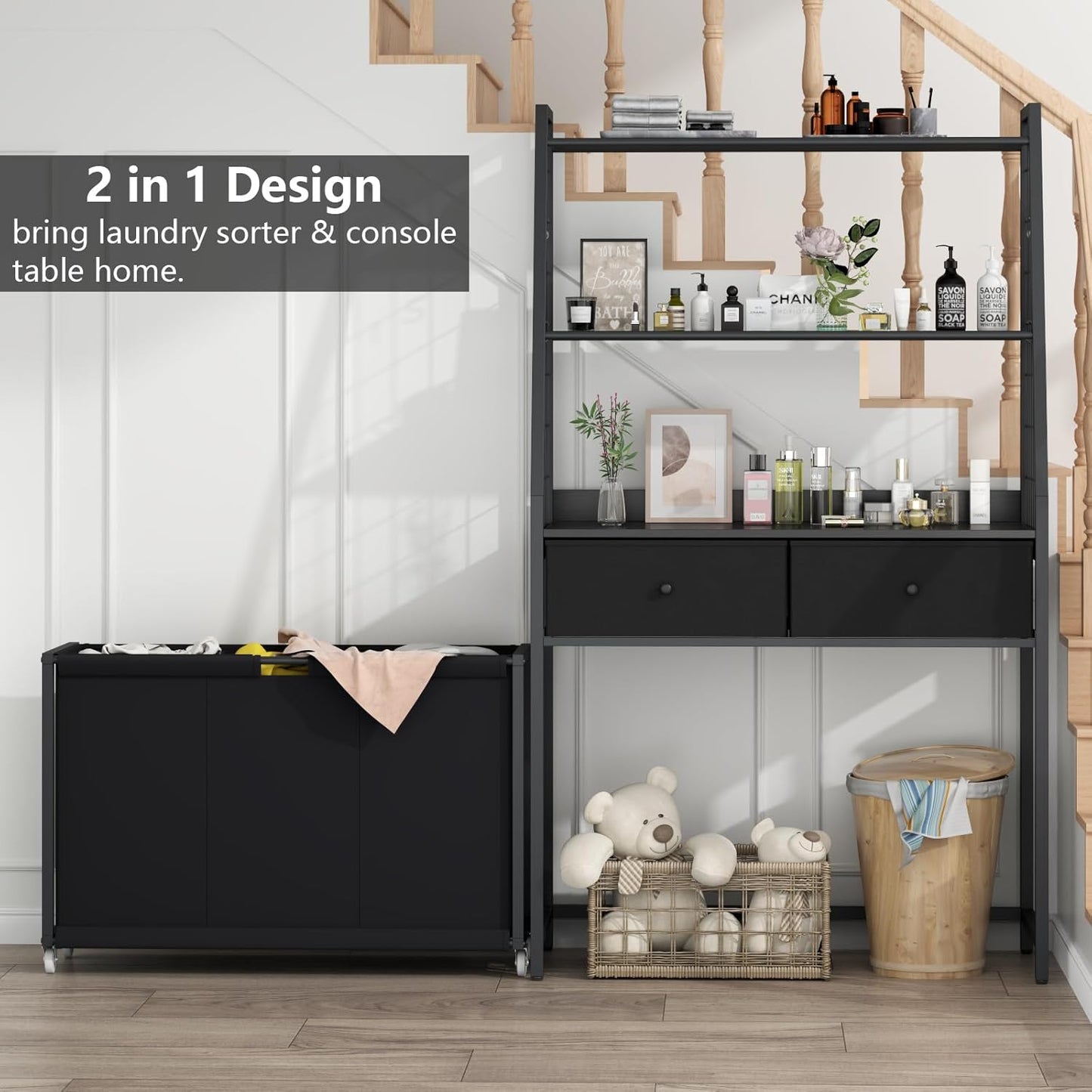 Laundry Hamper Laundry Basket with 3 Section Pull-Out Rolling Bags & 2-Tier Storage Shelf, Laundry Sorter for Organization and Storage with 2 Drawers for Laundry Room, Bathroom - NestledHome