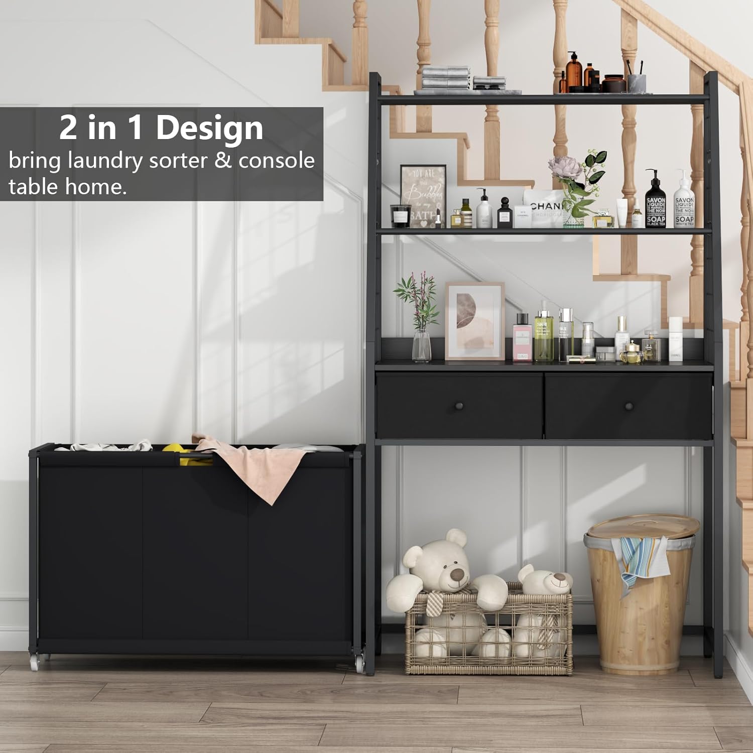 Laundry Hamper Laundry Basket with 3 Section Pull-Out Rolling Bags & 2-Tier Storage Shelf, Laundry Sorter for Organization and Storage with 2 Drawers for Laundry Room, Bathroom - NestledHome