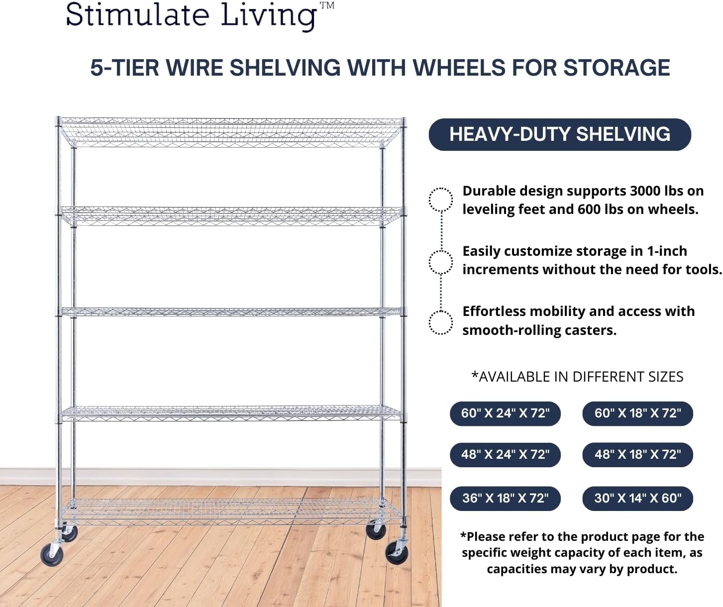 60"x24"x72" PRIME HEAVY DUTY Chrome 5-Tier Wire Shelving NSF 3000 LBS MAX Capacity Storage Rack for Commercial, School, Home, Garage, Warehouse, Industrial, and Hospital Uses (with Wheels) - NestledHome