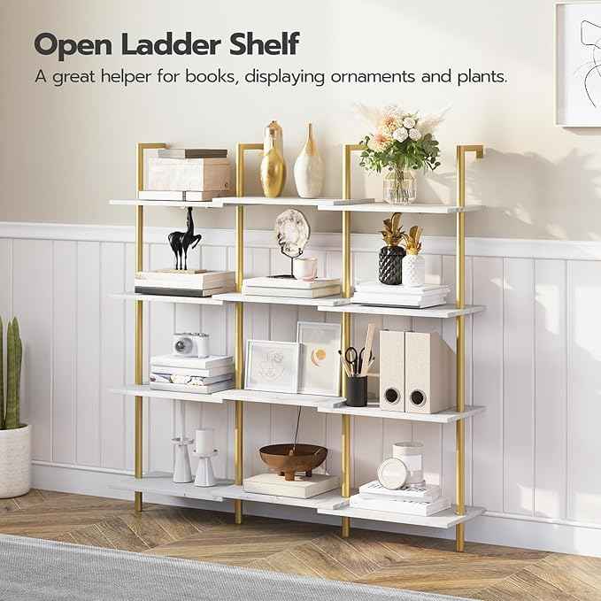 HOOBRO DIY Ladder Shelf, 6-Tier Wooden Wall Mounted Bookshelf, Narrow Gold Bookcase, Display Shelf, Storage Rack, Plant Stand, for Living Room, Bedroom, Study, Balcony, Marble and Gold DM651CJ01