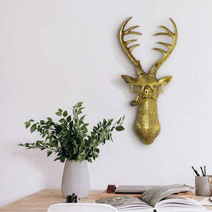 montresor Deer Head Wall Mount 17 inchs Gold Deer Decor PU Foam Material (NOT RESIN) Wall Decor Art for Whimsigoth Home Wall Decor Lightweight Accent Wall Hanging Room Decor Maximalist Decor