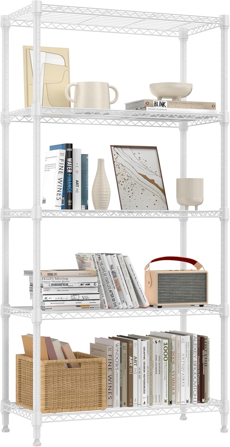1250 lbs 5 Tier Shelf Metal Storage Shelves Wire Rack Closet Organizers for Garage Kitchen Bathroom Laundry White 11.8" D x 29.5" W x 59.5" H - NestledHome