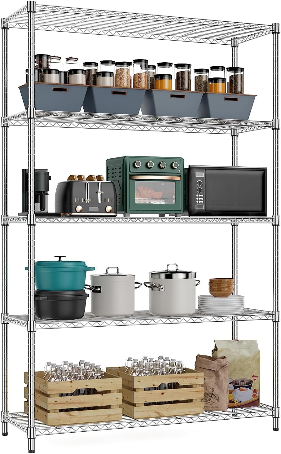 MZG 1750 lbs 5 Tier Storage Rack Metal Wire Shelving Unit, Storage Standing Household Shelf Organizer for Kitchen Pantry Closet Garage Basement Utility Room, Chrome 15.8" D x 45.3" W x 70.4" H - NestledHome