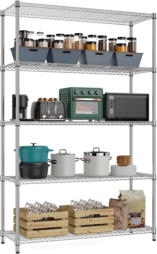 MZG 1750 lbs 5 Tier Storage Rack Metal Wire Shelving Unit, Storage Standing Household Shelf Organizer for Kitchen Pantry Closet Garage Basement Utility Room, Chrome 15.8" D x 45.3" W x 70.4" H - NestledHome