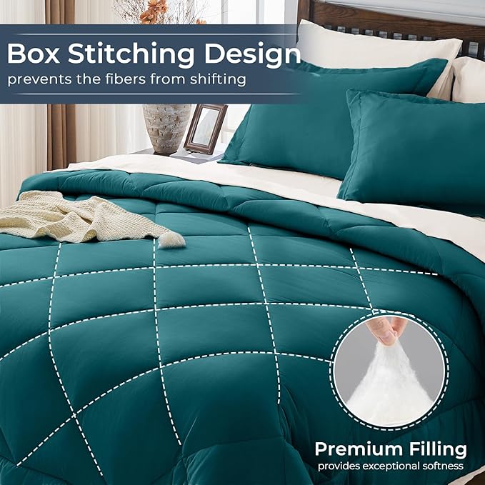 HEVUMYI Full Comforter Set - 7-Piece All Season Bed in a Bag Full, Ultra Soft Bedding Set with Comforter, Flat Sheet, Fitted Sheet, Pillowcases, Pillow Shams, Peacock Blue & Ivory