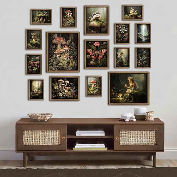 ANERZA 16 PCS Framed Dark Cottagecore Wall Art Decor, Cottage Core Wall Prints for Bedroom, Gallery Wall Frame Set, Fairycore Posters for Living Room Aesthetic, Nature Forest Mushroom Dorm Home Decor