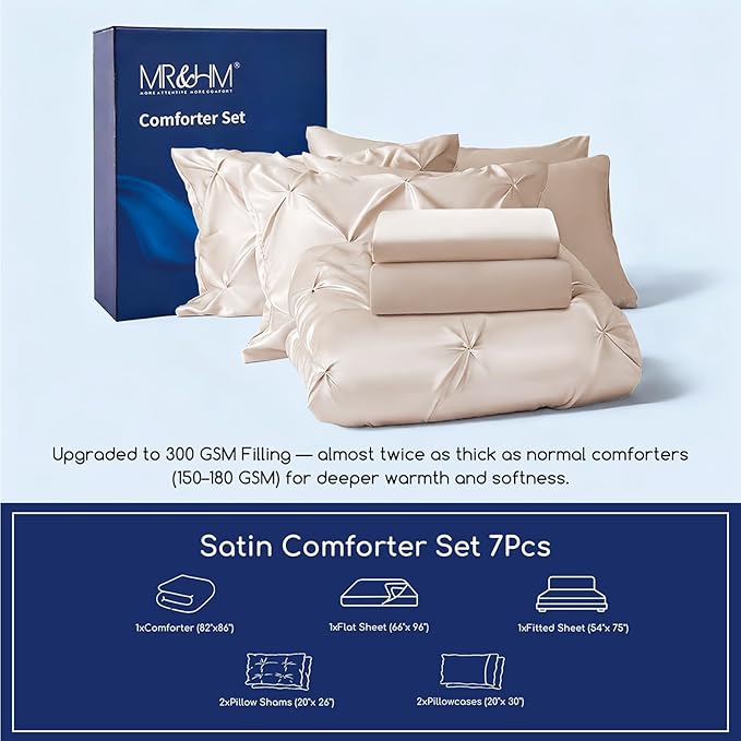 MR&HM Satin Comforter Full 7 Pieces - Luxurious Pinch Pleat Bedding Set with Comforter, Flat Sheet, Fitted Sheet, Pillowcases & Shams, Super Silky Soft Bed Set for All Season (Full, Beige)