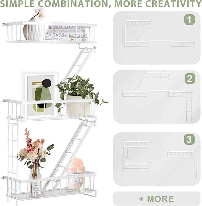 Fire Escape Shelf - 3 Tier White Wall Display Floating Shelves, Metal Decorative Shelving for Bedroom, Home Décor, Action Figure Display