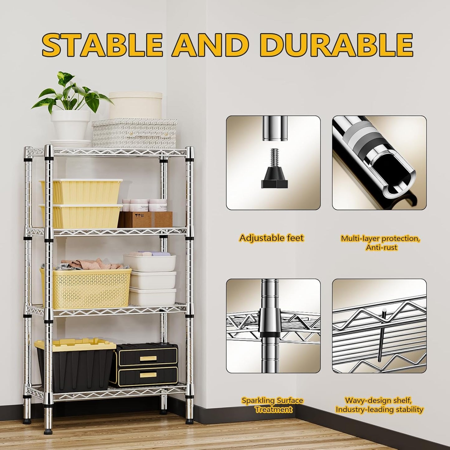 1000 lbs 4 Tier Shelf Metal Storage Shelves Wire Rack Closet Organizers for Garage Kitchen Bathroom Laundry Chrome 11.8" D x 25.6" W x 45.5" H - NestledHome
