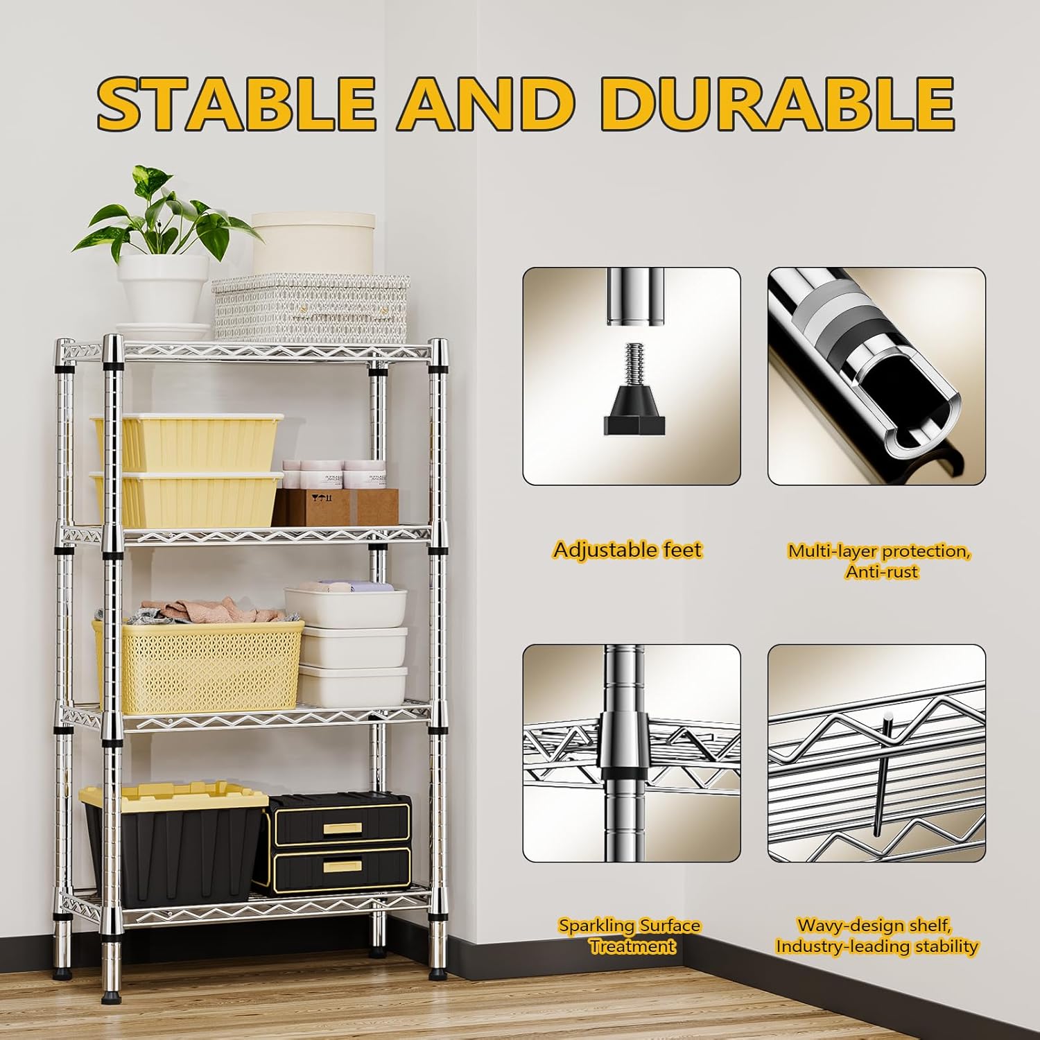 1000 lbs 4 Tier Shelf Metal Storage Shelves Wire Rack Closet Organizers for Garage Kitchen Bathroom Laundry Chrome 11.8" D x 25.6" W x 45.5" H - NestledHome