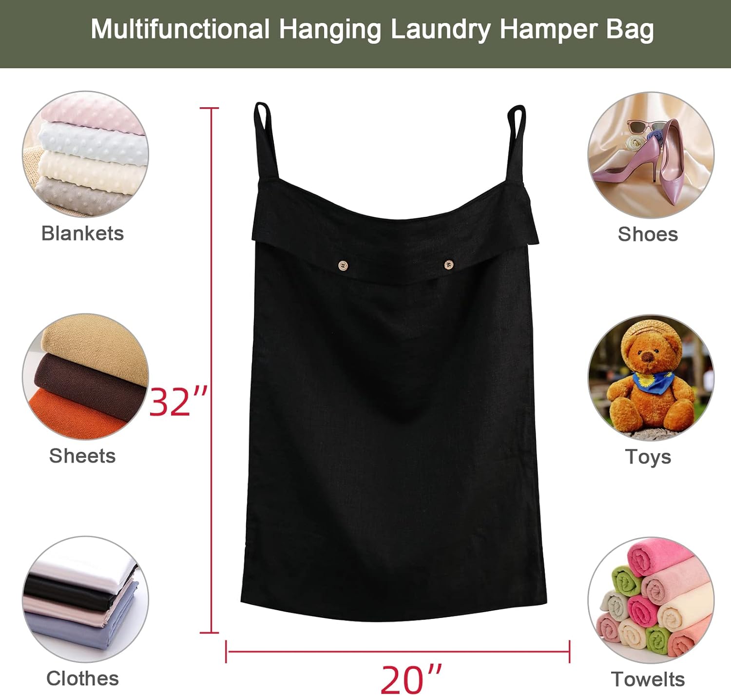 Linen Hanging Laundry Bag, 100% Linen Over The Door Laundry Hamper with Buttons and Zipper, Space Saving Door Hampers for Laundry Dirty Clothes Home Travel, Black - NestledHome