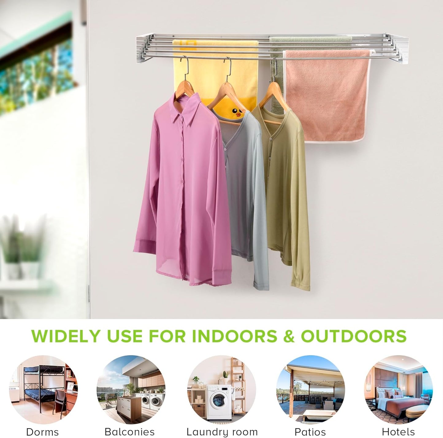 Wall Mounted Laundry Drying Rack, Retractable Clothes Drying Rack for Bathroom with Wall Template, 5 Stainless Rods Heaving 60 lb Capacity (White, 40") - NestledHome