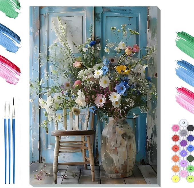 Paint by Numbers Kit for Adults Framed, Wildflower Bouquet in Rustic Vase, DIY Oil Painting, Pre-Printed Canvas Wall Art Home Decor Gift, 16x20inch Framed, 24 Colors