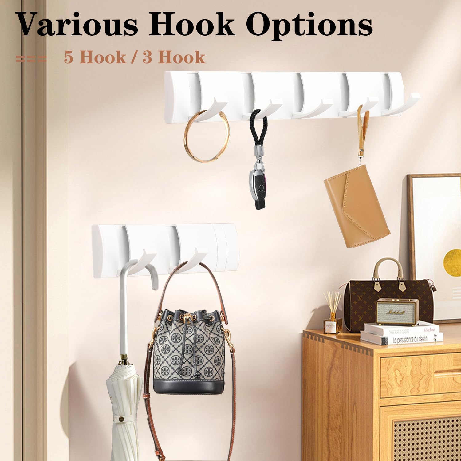 Folding Coat Hooks, Wall Mounted Coat Rack with 5 Retractable Hooks, Heavy Duty Towel Rack for Bathroom Wall Hook for Hanging Clothes Bathrobe, Stainless Steel Coat Hanger for Entryway(White) - NestledHome