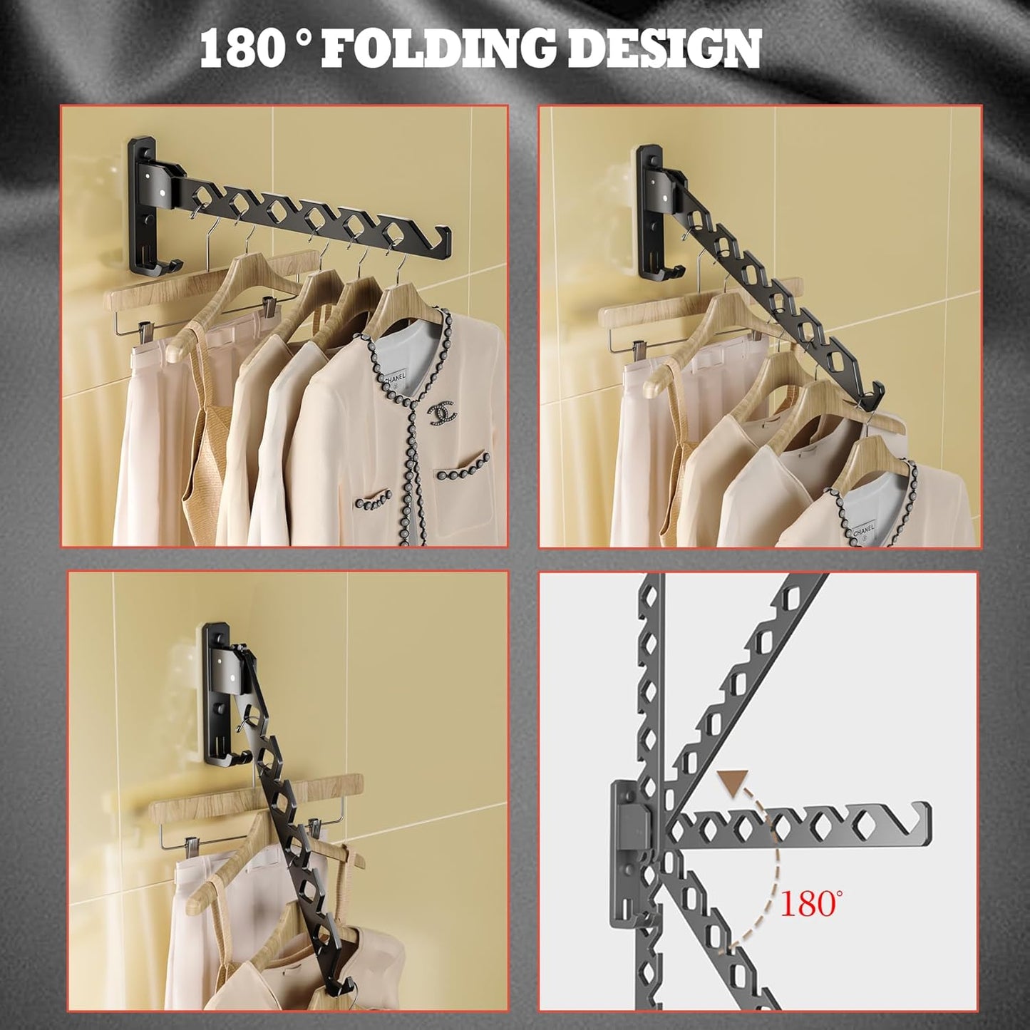 Wall Mount Coat Hanger Holder Black Clothes Drying Organizer Rack Garment Hooks Aluminium Retractable Folding Indoor Wall Mounted Hanger Space Saver for Laundry Room Bedroom Black 2 Pack with 8 Hooks - NestledHome