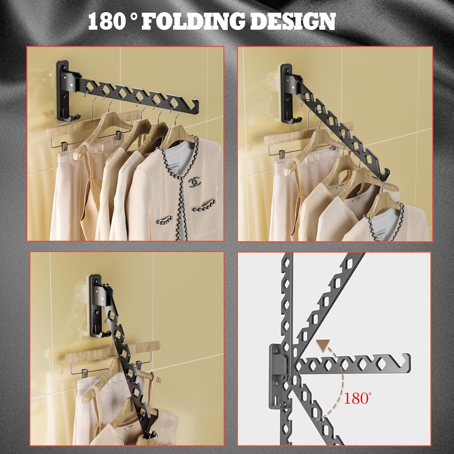 Wall Mount Coat Hanger Holder Black Clothes Drying Organizer Rack Garment Hooks Aluminium Retractable Folding Indoor Wall Mounted Hanger Space Saver for Laundry Room Bedroom Black 2 Pack with 8 Hooks - NestledHome