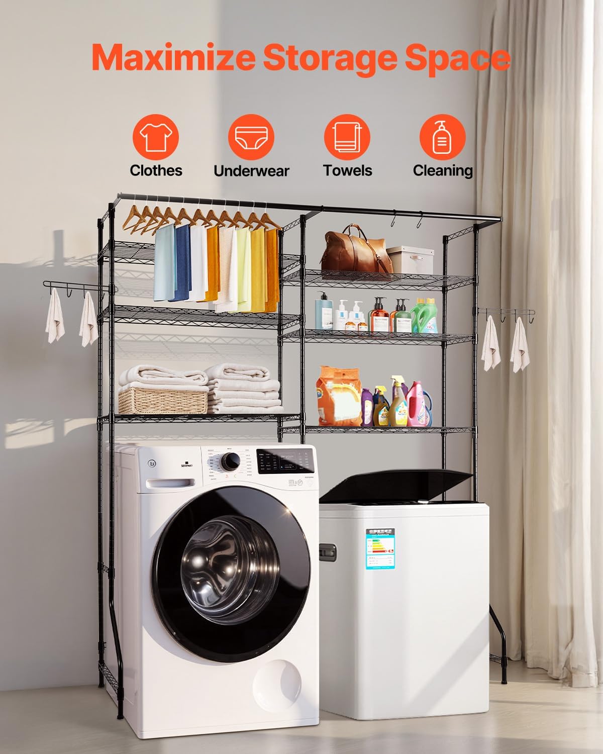 VEVOR Over The Washer and Dryer Storage Shelf, 6 Tier Laundry Room Drying Rack with Hanger Rod and Hooks, Adjustable Over Washer and Dryer Shelves, Laundry Room Shelf Storage Space Saver, Black - NestledHome