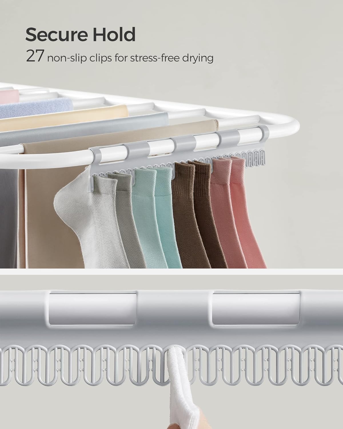 SONGMICS Clothes Drying Rack, Foldable 2-Level Laundry Drying Rack, Free-Standing Laundry Airer, with Height-Adjustable Wings, 33 Drying Rails, Sock Clips, White and Gray ULLR053G01V1 - NestledHome