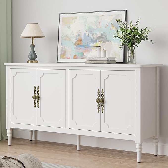 RoyalCraft Buffet Sideboard Table Set of 2, 59'' Mid Century Modern Console Table, Media Cabinet with 4 Doors, Accent Cabinet Wood Sideboard, for Entryway, Living Room, Dining Room, Satin White