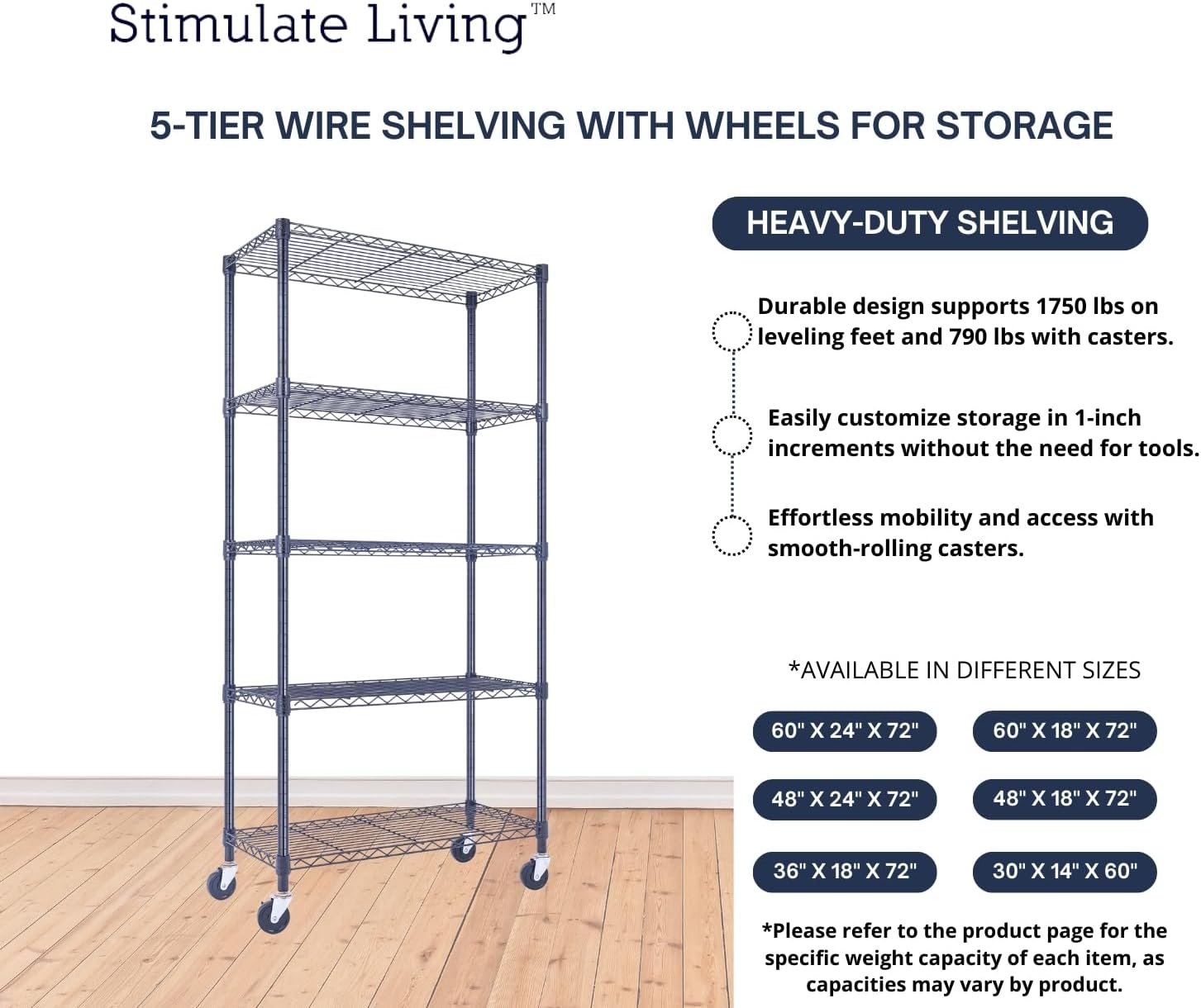 30"x14"x60" PRIME HEAVY DUTY Black 5-Tier Wire Shelving 1,750 LBS MAX Capacity Storage Rack for Commercial, School, Home, Garage, Warehouse, Industrial, and Hospital Uses (with Wheels) - NestledHome