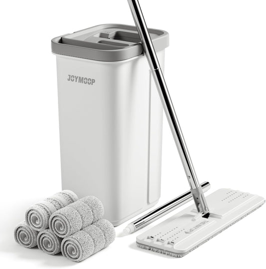 JOYMOOP Mop and Bucket with Wringer Set, Hands Free Flat Floor Mop and Bucket, 60" Mop with 5 Reusable Microfiber Pads, Wet and Dry Use, Floor Cleaning System - NestledHome