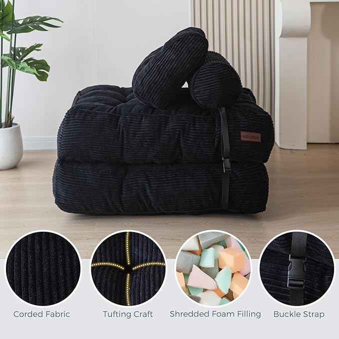 MAXYOYO Folding Sofa Bed, Convertible Sleeper Chair with Pillow Foldable Mattress with Back Support, Portable Fold Out Chair Bed Comfy Floor Sofa Lounge for Living Room Bedroom, Black, Single