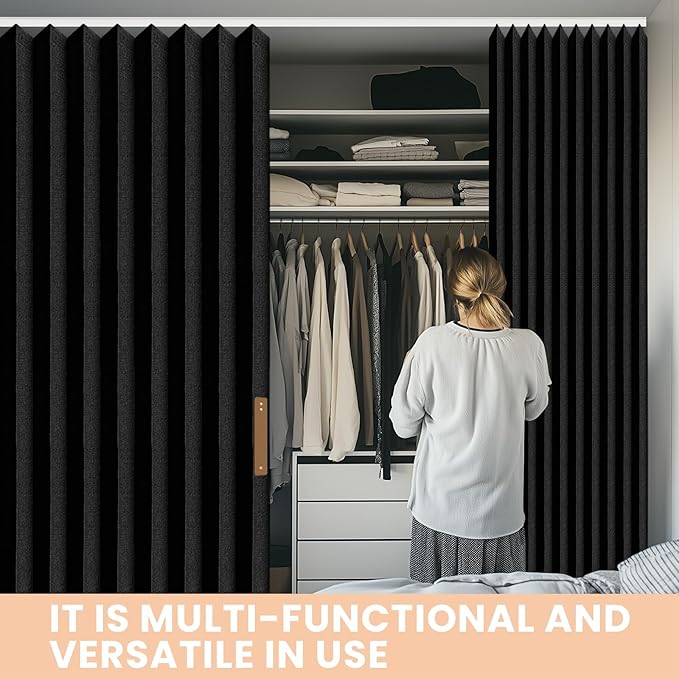 Accordion-Style Room Divider with Ceiling Track - Foldable Partition Curtain, Easy Installation(Black 180" W x 84" L-Pack of 1)