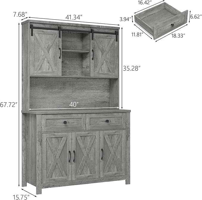 Vabches 67.7 Inch Farmhouse Pantry Storage Cabinet with Sliding Barn Doors, 2 Drawer Farmhouse Coffee Cabinet with Adjustable Shelf, Side Board with Buffet Cupboard for Kitchen, Livingroom.Gray